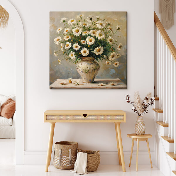 A painting of a vase of daisies