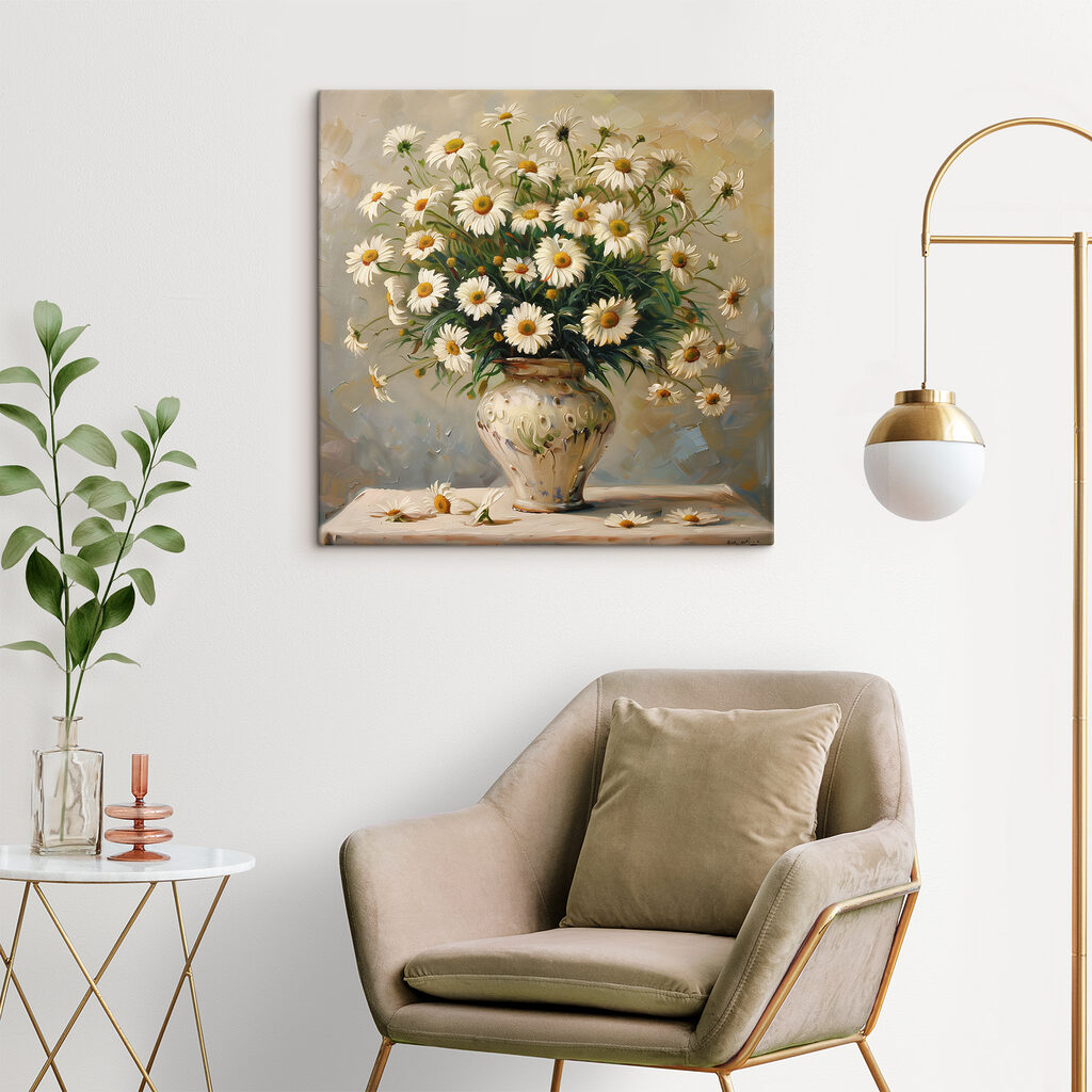 A painting of a vase of daisies