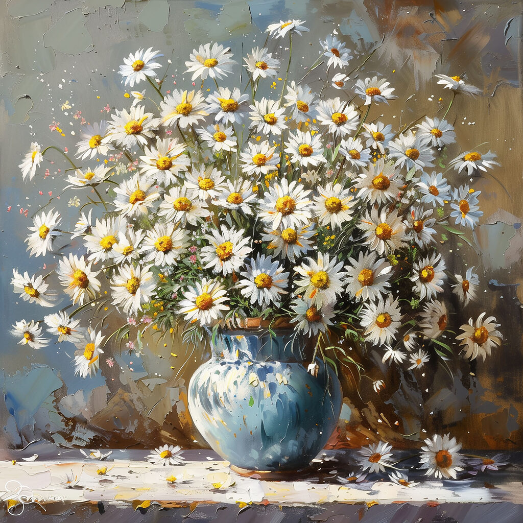 A painting of a vase of daisies A painting of a vase of daisies
