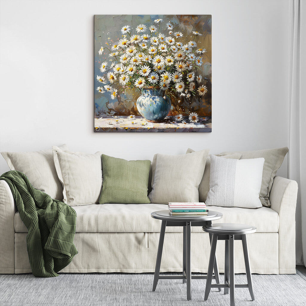 A painting of a vase of daisies A painting of a vase of daisies