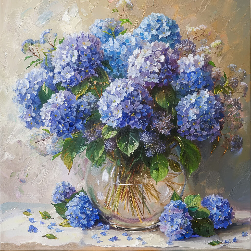 A painting of a vase of blue flowers