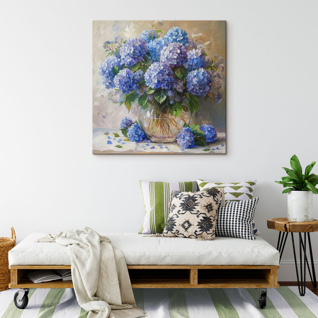 A painting of a vase of blue flowers