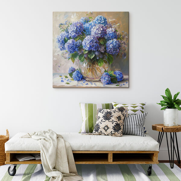 A painting of a vase of blue flowers