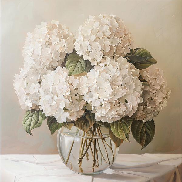 A painting of a bouquet of white flowers in a glass vase A painting of a bouquet of white flowers in a glass vase