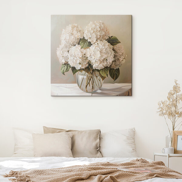 A painting of a bouquet of white flowers in a glass vase A painting of a bouquet of white flowers in a glass vase