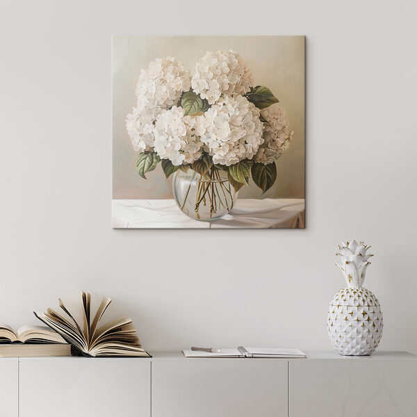 A painting of a bouquet of white flowers in a glass vase A painting of a bouquet of white flowers in a glass vase