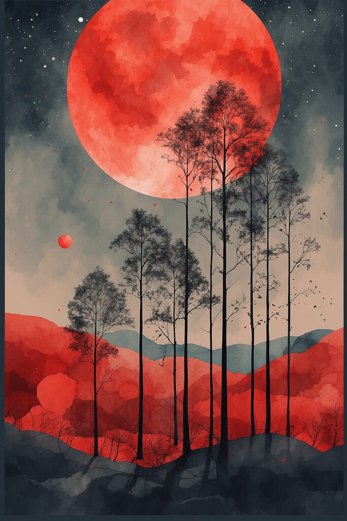 A painting of trees and a red moon A painting of trees and a red moon