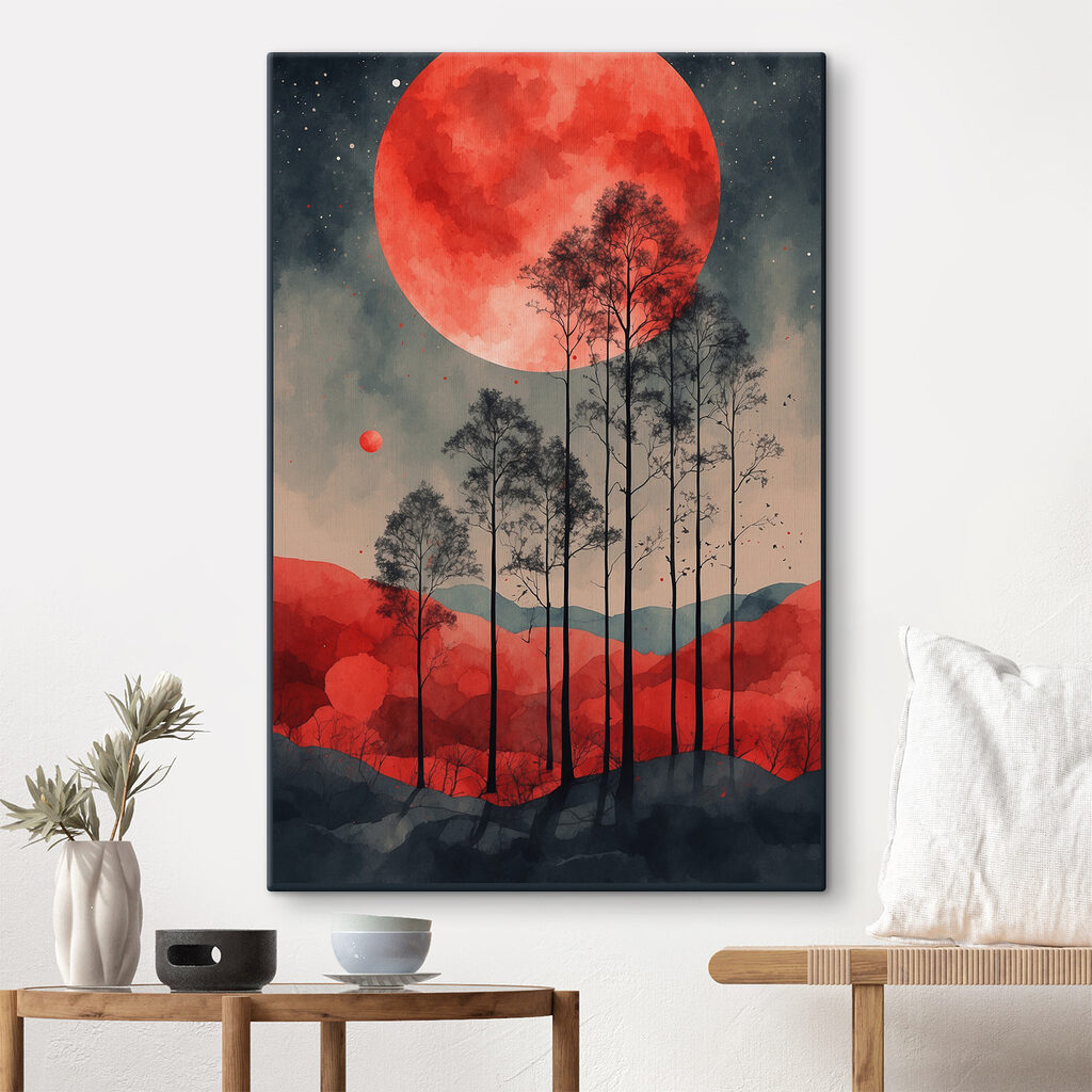 A painting of trees and a red moon A painting of trees and a red moon