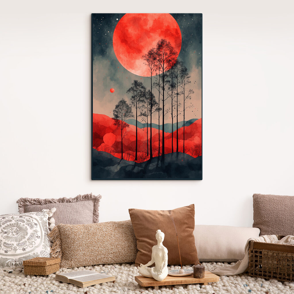 A painting of trees and a red moon A painting of trees and a red moon