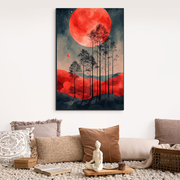 A painting of trees and a red moon A painting of trees and a red moon