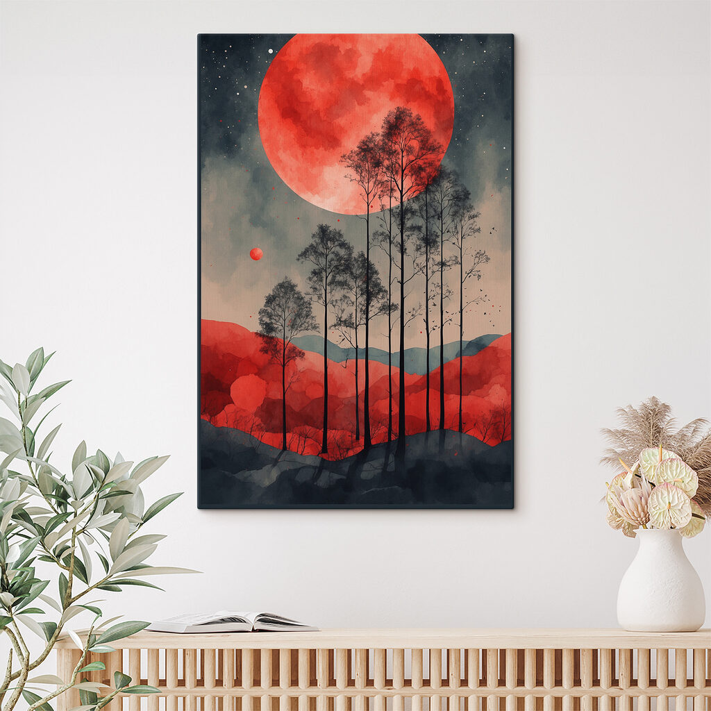 A painting of trees and a red moon A painting of trees and a red moon
