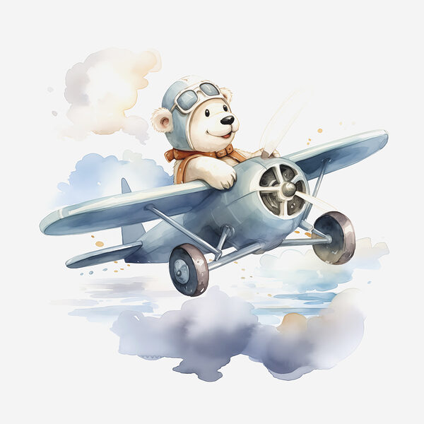 A cartoon bear in a pilot hat flying in an airplane A cartoon bear in a pilot hat flying in an airplane