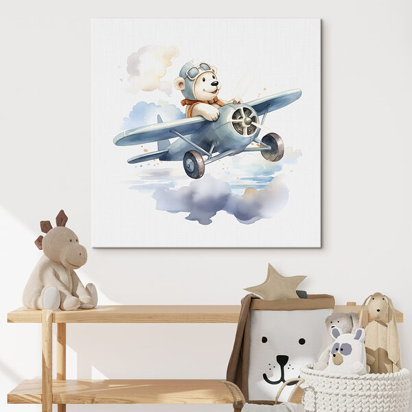 A cartoon bear in a pilot hat flying in an airplane A cartoon bear in a pilot hat flying in an airplane