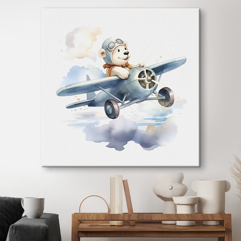 A cartoon bear in a pilot hat flying in an airplane A cartoon bear in a pilot hat flying in an airplane