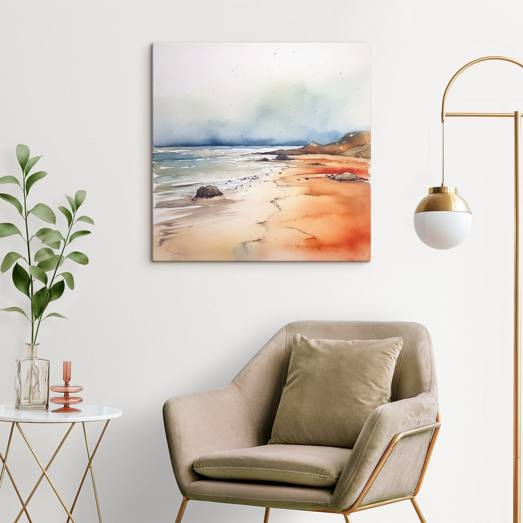 Watercolor of a beach with rocks and water Watercolor of a beach with rocks and water