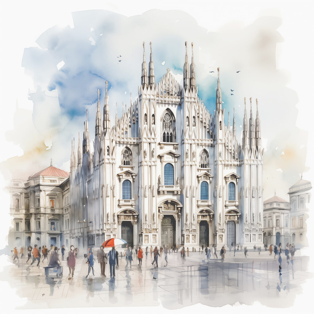A watercolor of a building with people walking around A watercolor of a building with people walking around