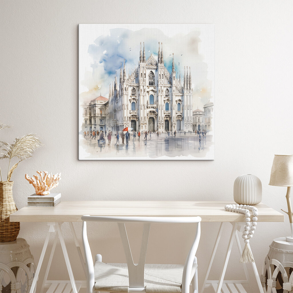 A watercolor of a building with people walking around A watercolor of a building with people walking around