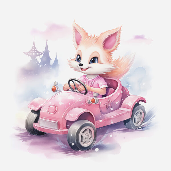 A cartoon fox driving a pink car