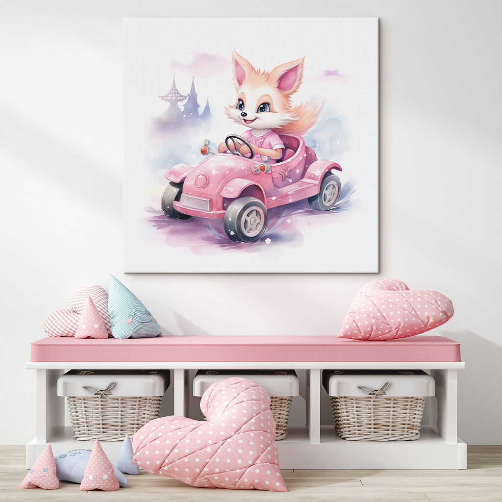 A cartoon fox driving a pink car