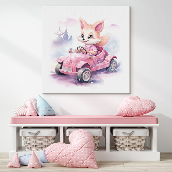 A cartoon fox driving a pink car
