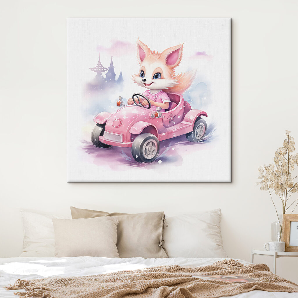 A cartoon fox driving a pink car