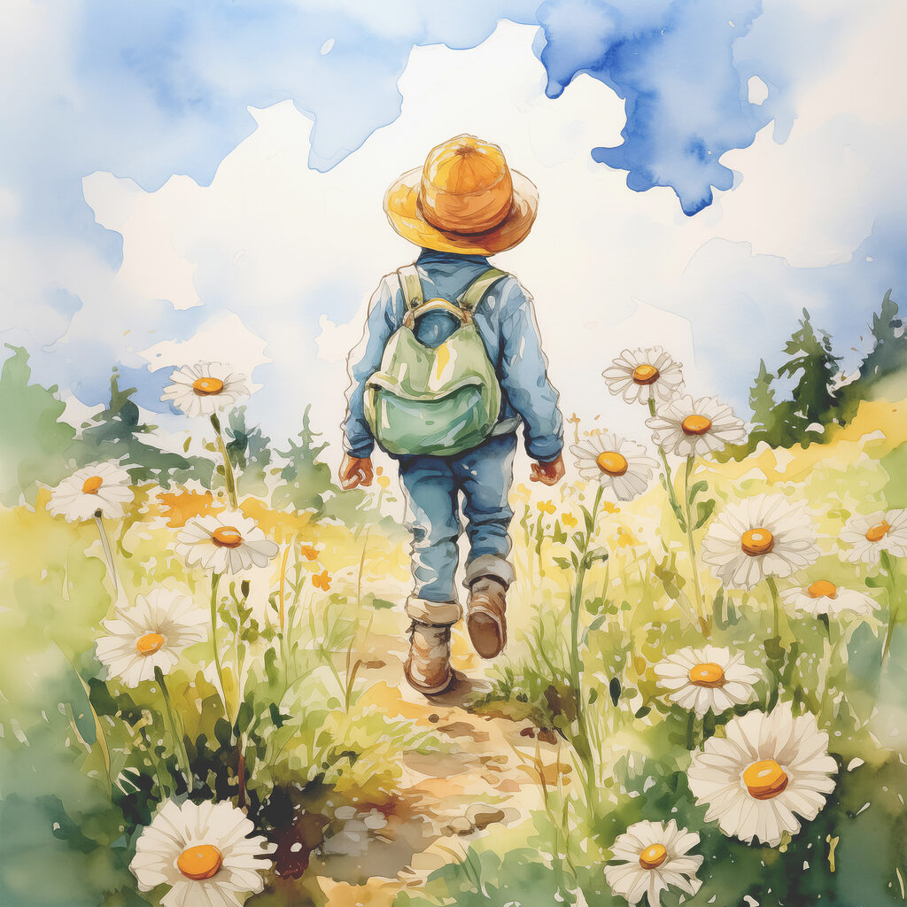 A child walking in a field of flowers A child walking in a field of flowers