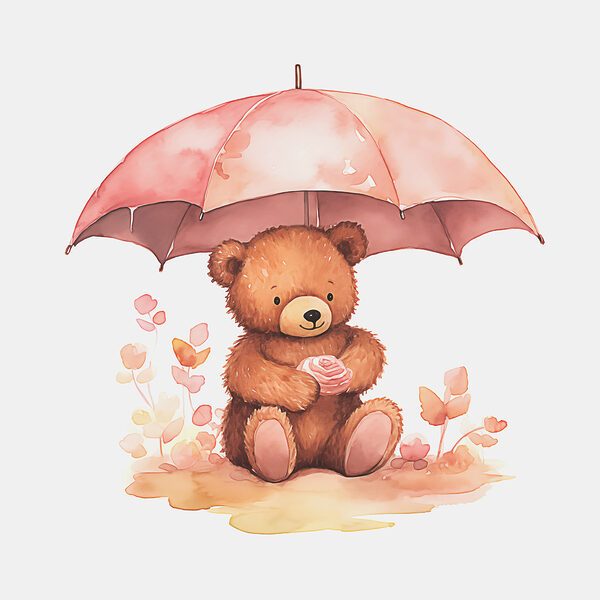 A watercolor of a teddy bear holding a flower under an umbrella