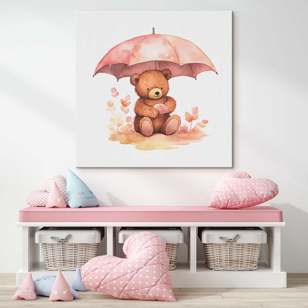 A watercolor of a teddy bear holding a flower under an umbrella