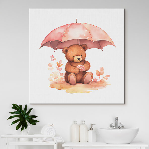 A watercolor of a teddy bear holding a flower under an umbrella