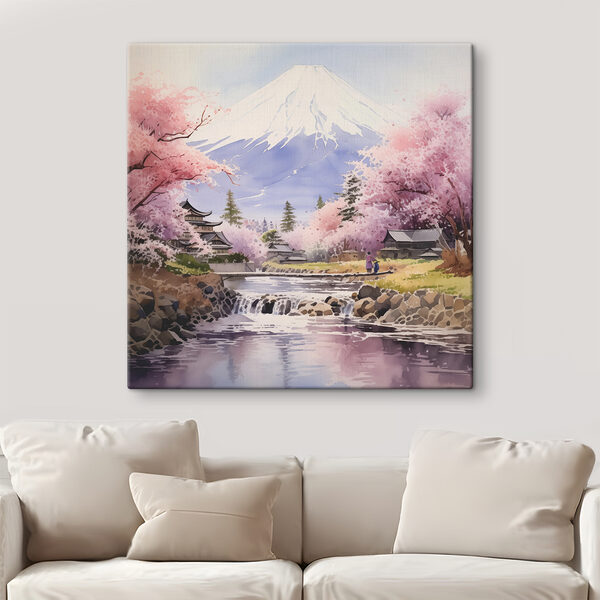 A watercolor of a river with a mountain in the background A watercolor of a river with a mountain in the background