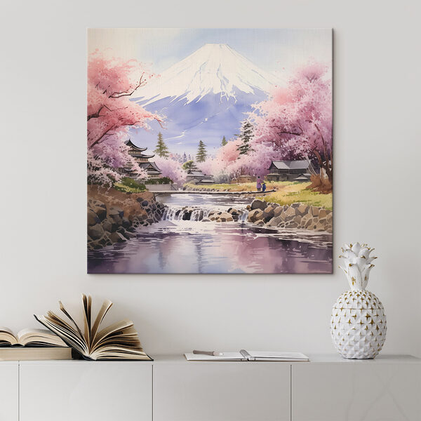 A watercolor of a river with a mountain in the background A watercolor of a river with a mountain in the background