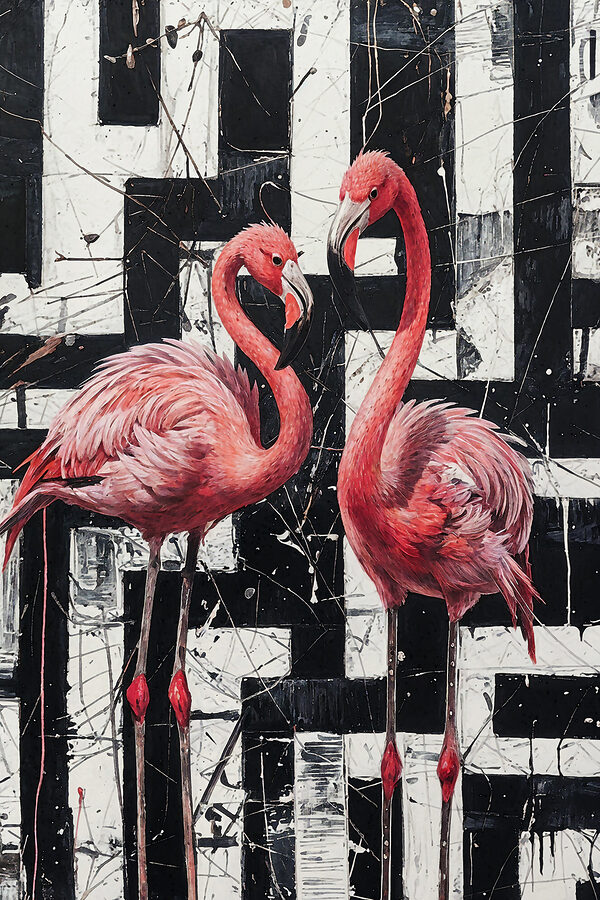 A painting of flamingos on a black and white background A painting of flamingos on a black and white background