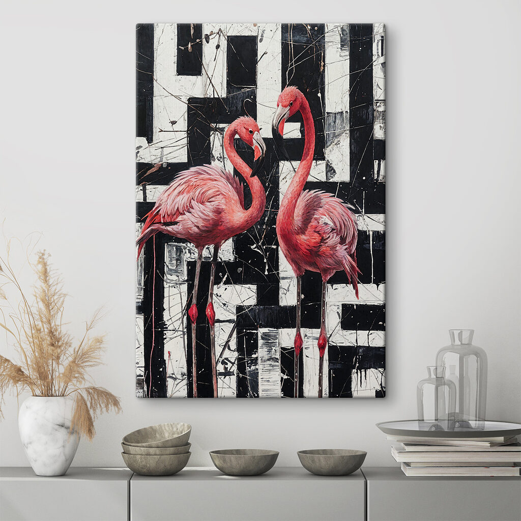 A painting of flamingos on a black and white background A painting of flamingos on a black and white background