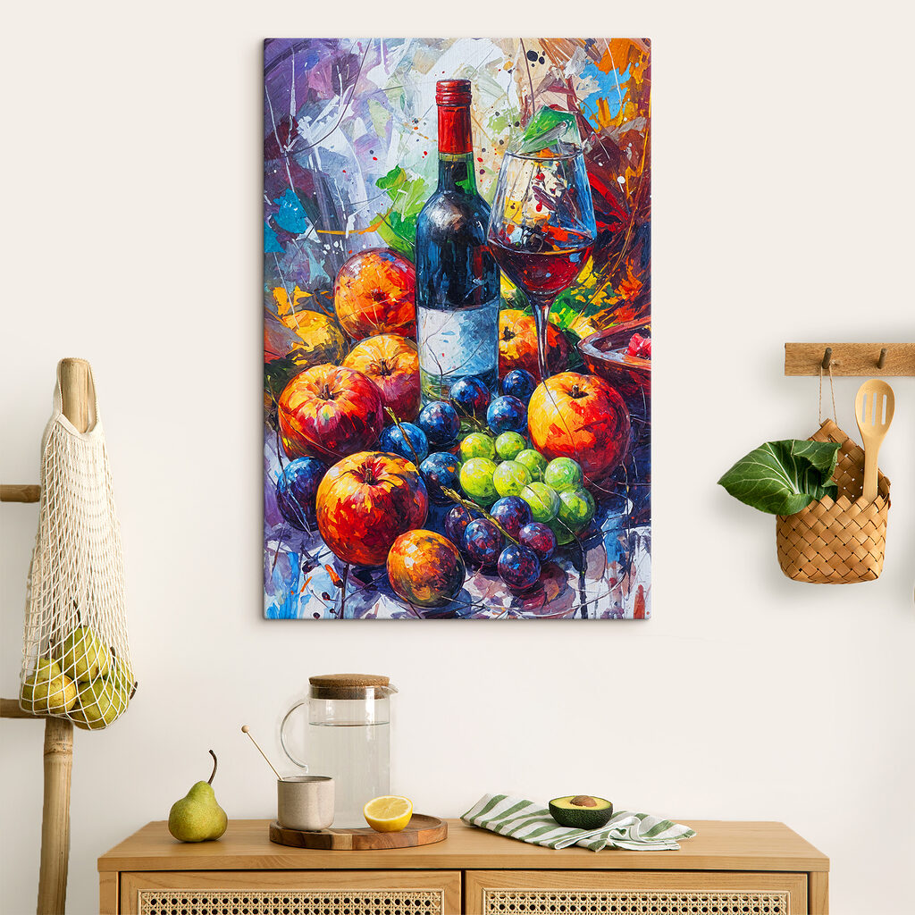 A painting of a wine bottle and fruit