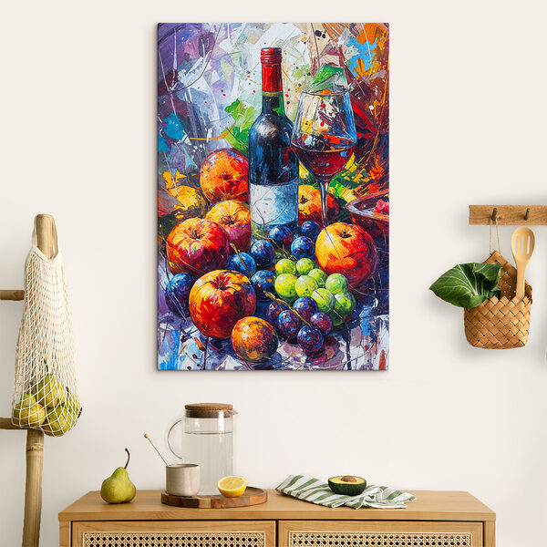 A painting of a wine bottle and fruit