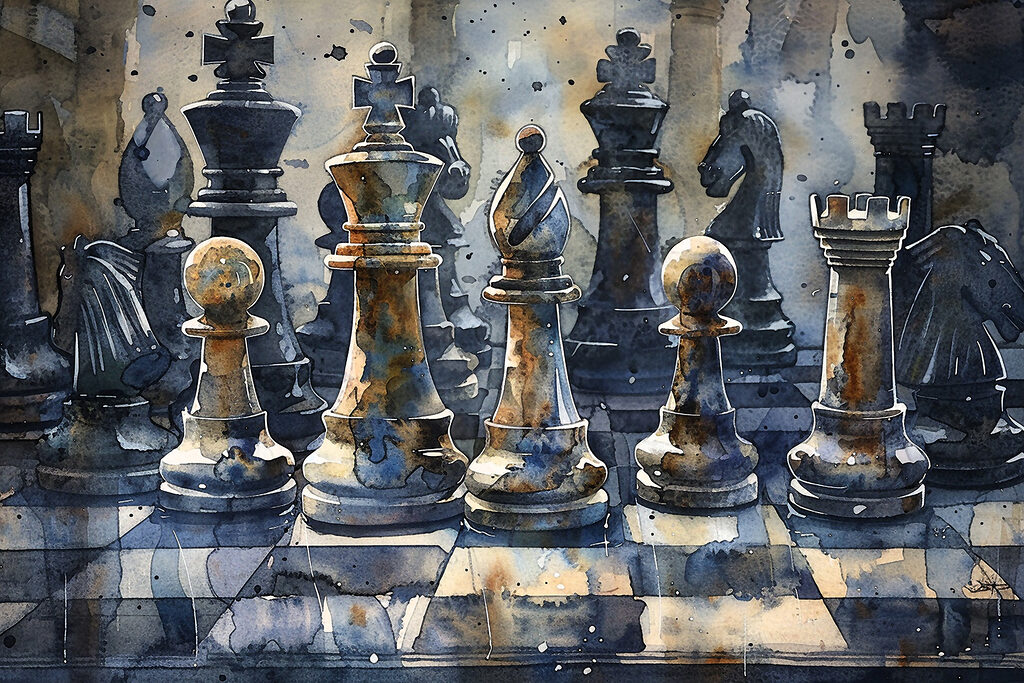 A watercolor of a chess board