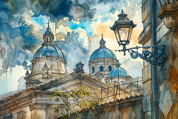 A watercolor painting of a building with domes and a street light
