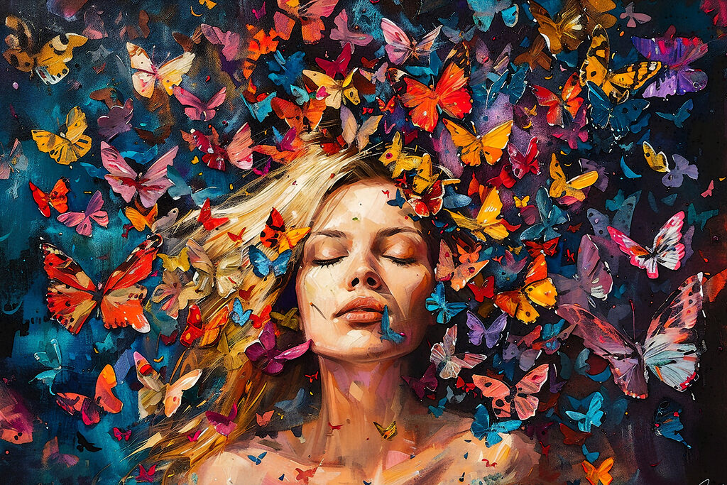 A woman surrounded by butterflies A woman surrounded by butterflies