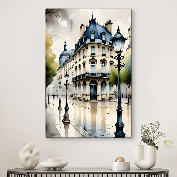 A painting of a building with a blue roof A painting of a building with a blue roof