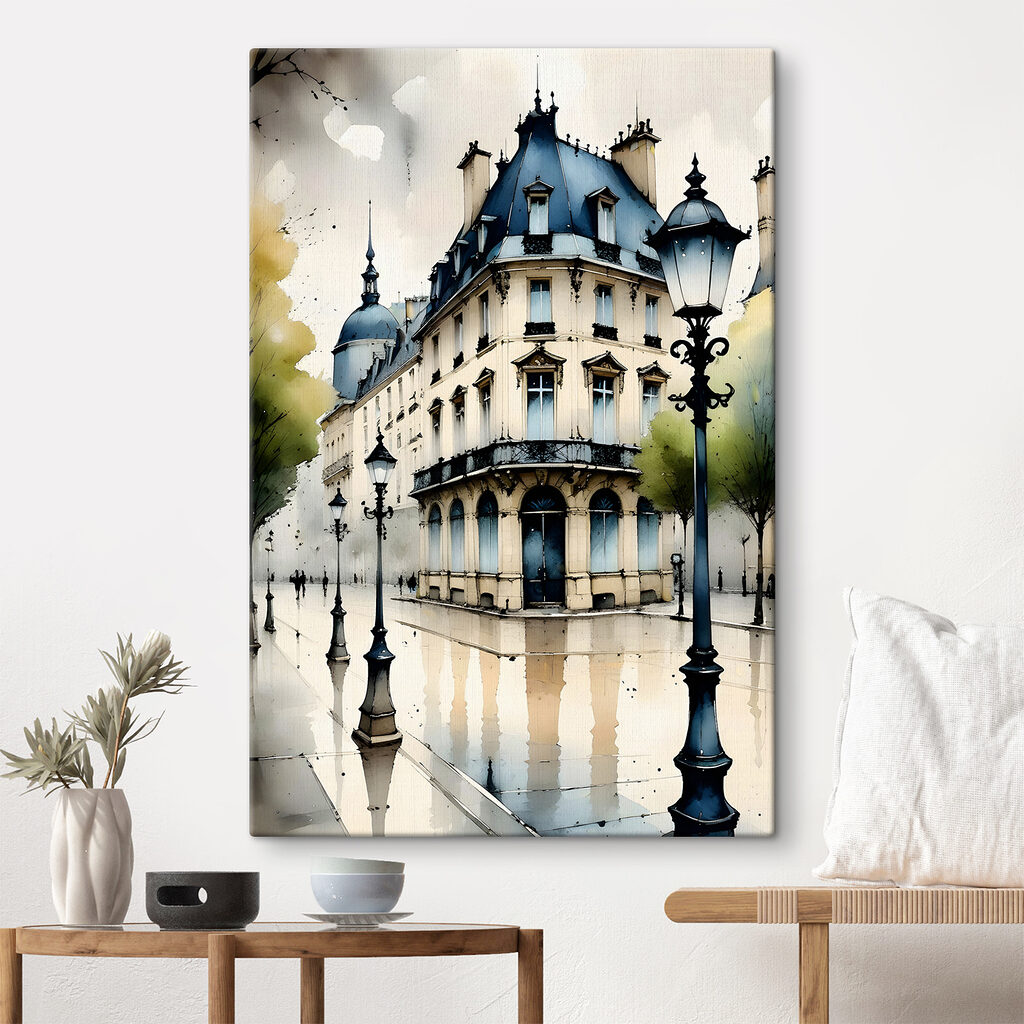 A painting of a building with a blue roof A painting of a building with a blue roof