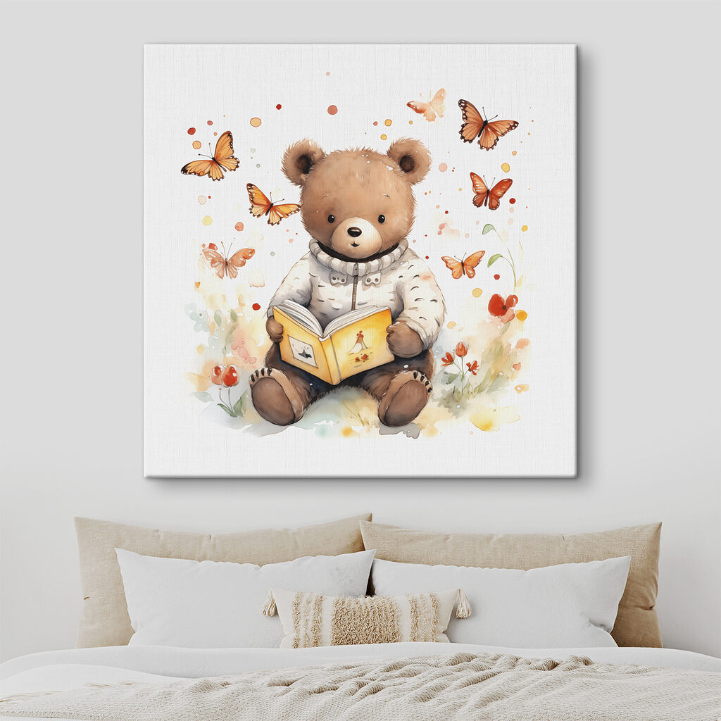 A teddy bear reading a book with butterflies flying around