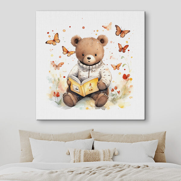 A teddy bear reading a book with butterflies flying around