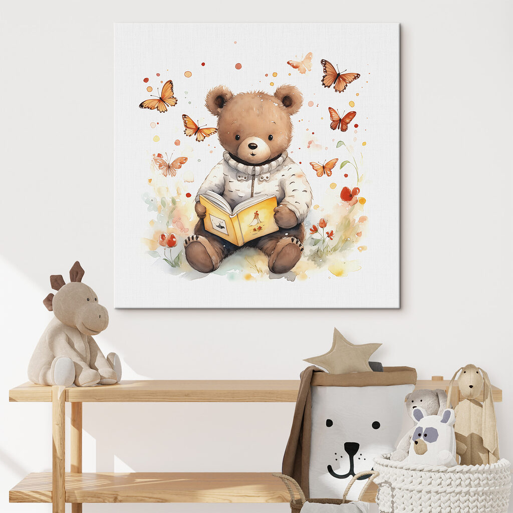 A teddy bear reading a book with butterflies flying around