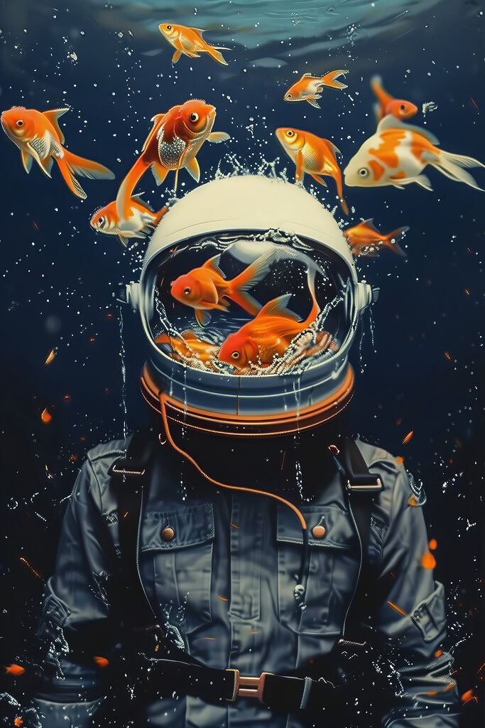 Space helmet filled with swimming fish
