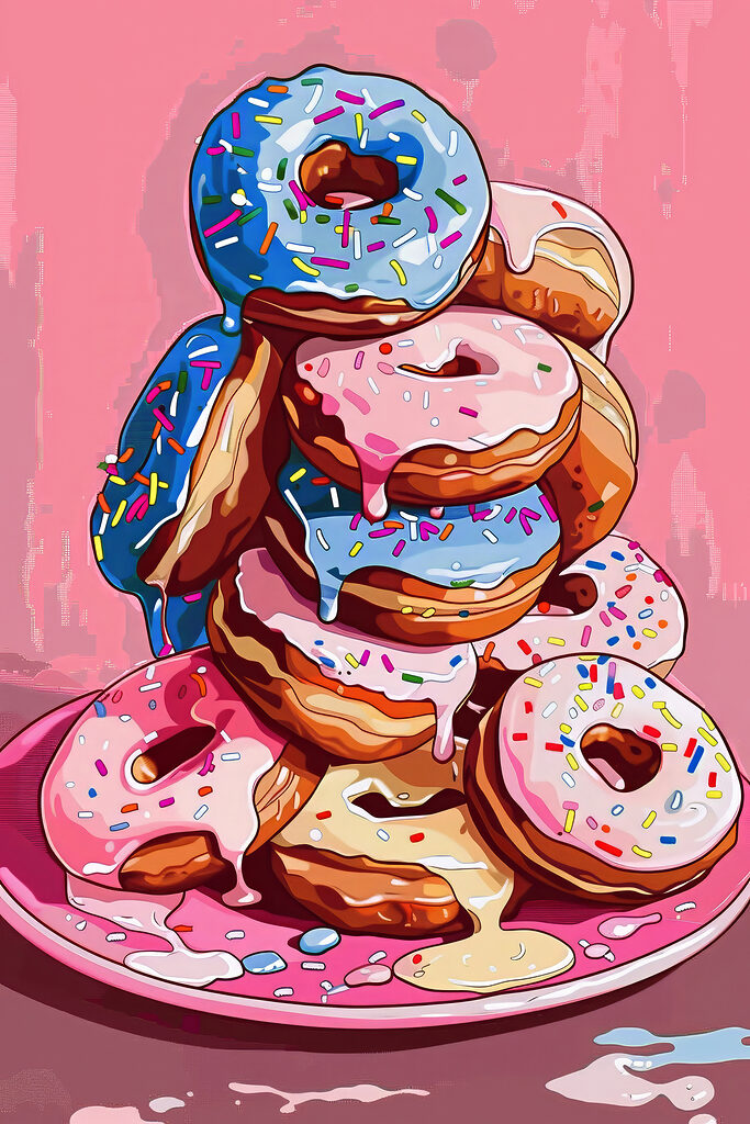 A stack of donuts with frosting and sprinkles