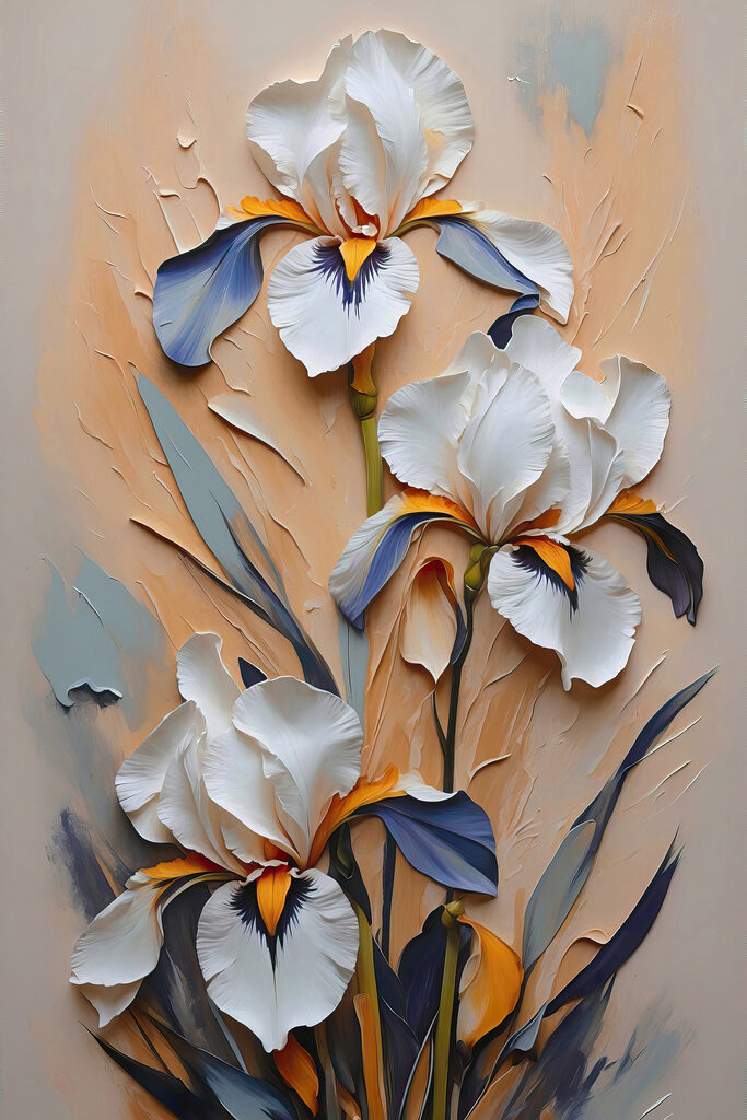 A painting of white flowers and blue leaves A painting of white flowers and blue leaves