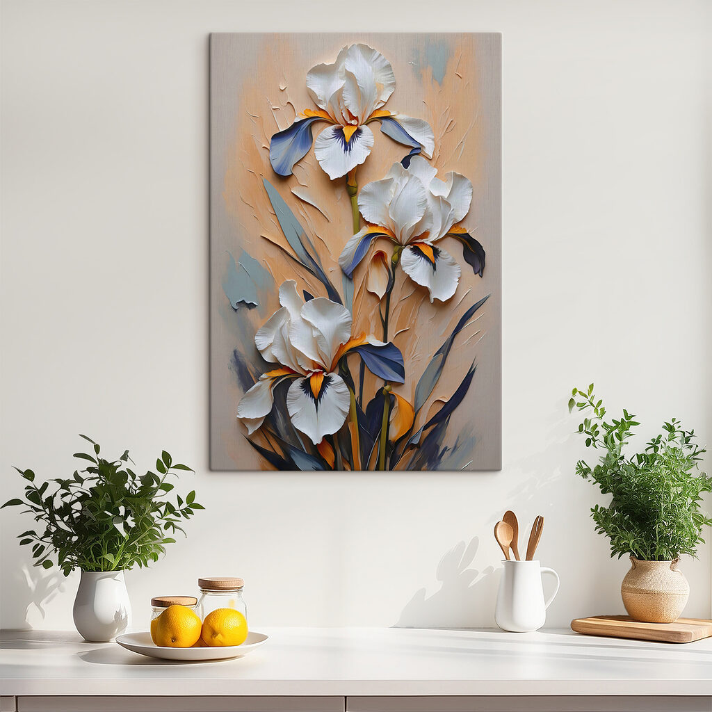 A painting of white flowers and blue leaves A painting of white flowers and blue leaves