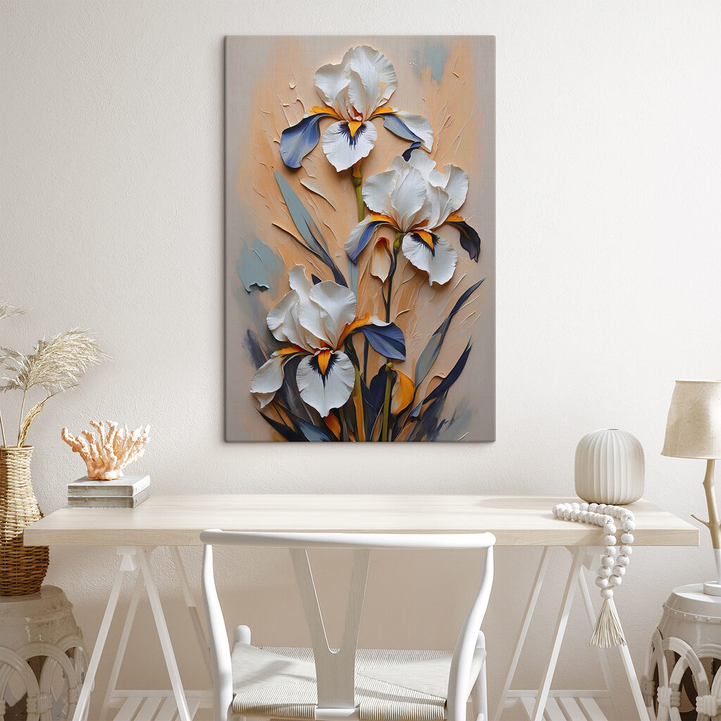 A painting of white flowers and blue leaves A painting of white flowers and blue leaves