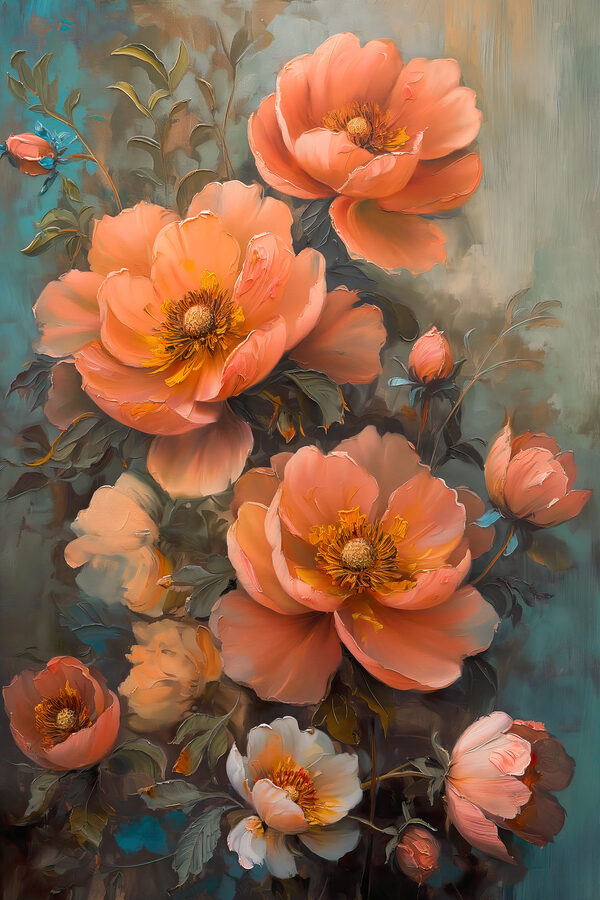 A painting of flowers on a blue background