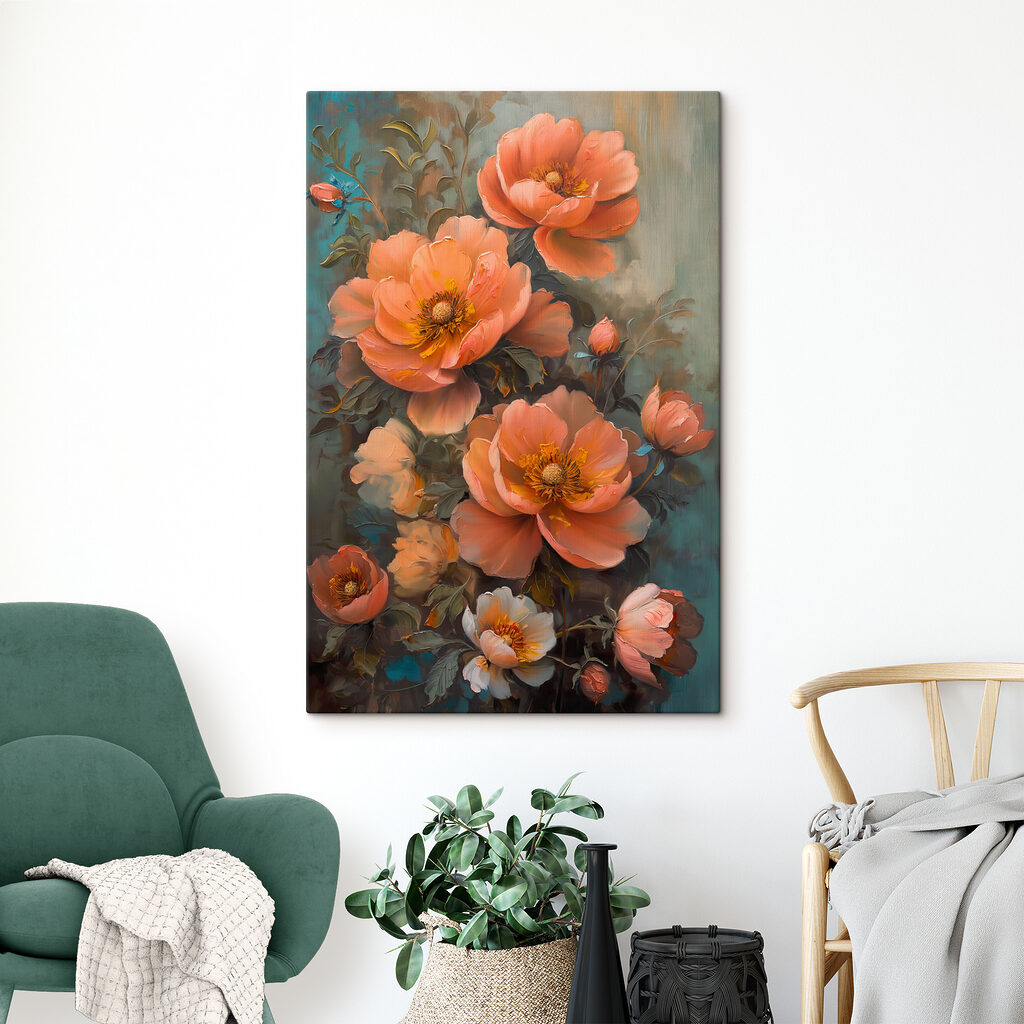 A painting of flowers on a blue background